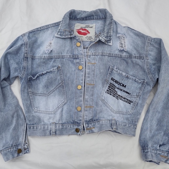Cropped Powder Blue Denim Jean Jacket / "Happy Times"  Quang Phat Denim Size S - Picture 4 of 9